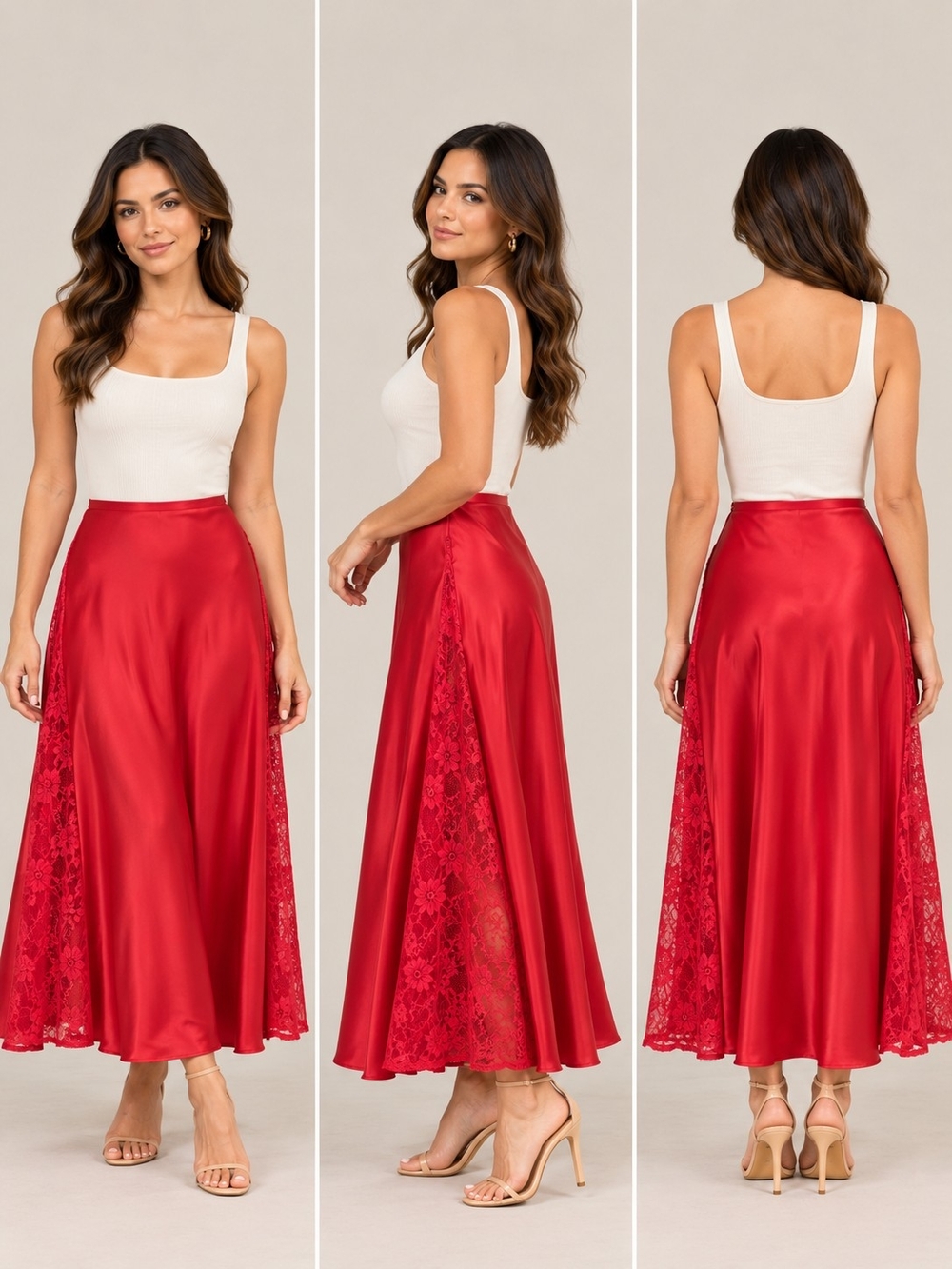 Red Satin Maxi Skirt with Lace Panels